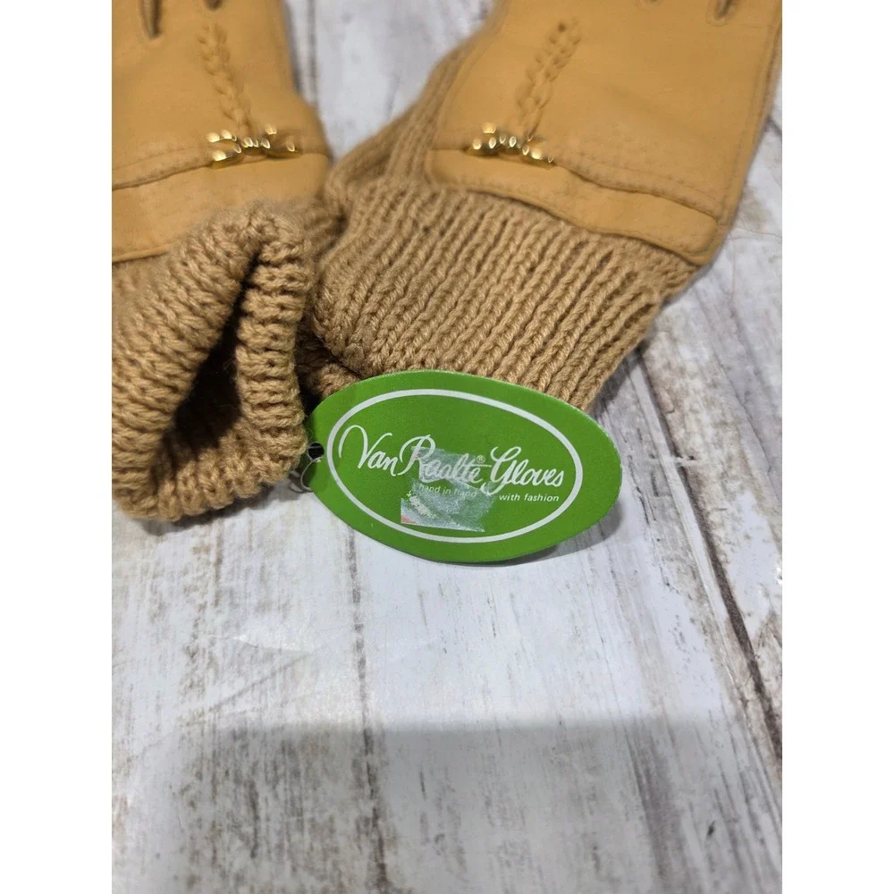 Van Raalte Gloves Tan Vinyl Acrylic Knit Gold Horsebit Detail One Size NOS